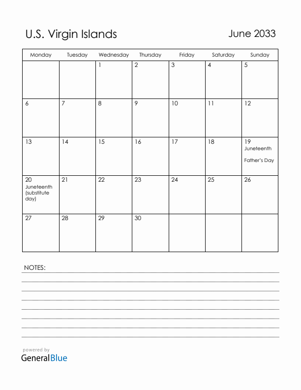 June 2033 U.S. Virgin Islands Calendar with Holidays (Monday Start)