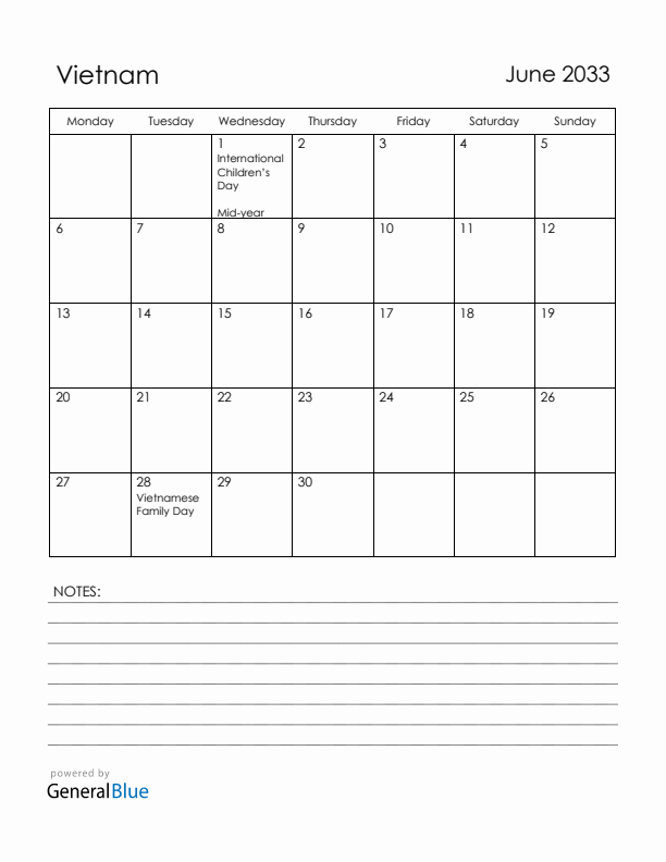 June 2033 Vietnam Calendar with Holidays (Monday Start)