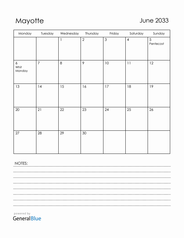 June 2033 Mayotte Calendar with Holidays (Monday Start)