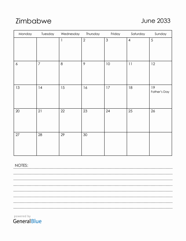 June 2033 Zimbabwe Calendar with Holidays (Monday Start)