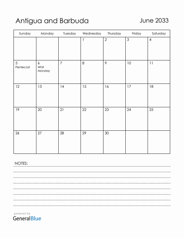 June 2033 Antigua and Barbuda Calendar with Holidays (Sunday Start)