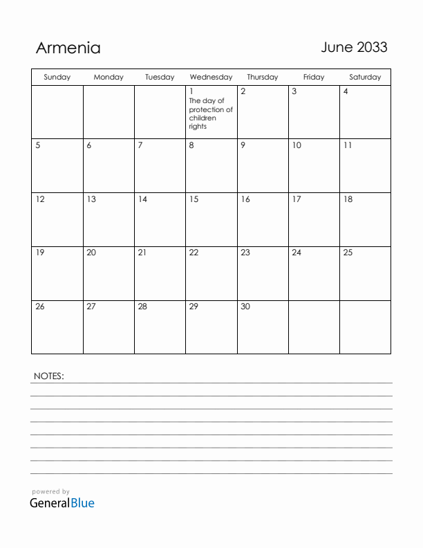 June 2033 Armenia Calendar with Holidays (Sunday Start)