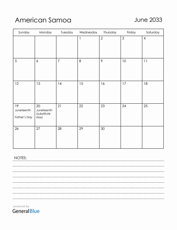 June 2033 American Samoa Calendar with Holidays (Sunday Start)