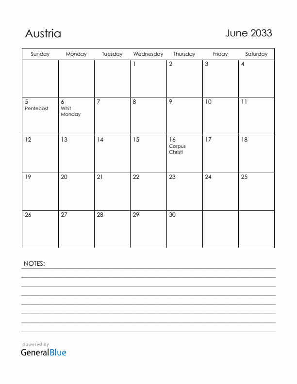 June 2033 Austria Calendar with Holidays (Sunday Start)