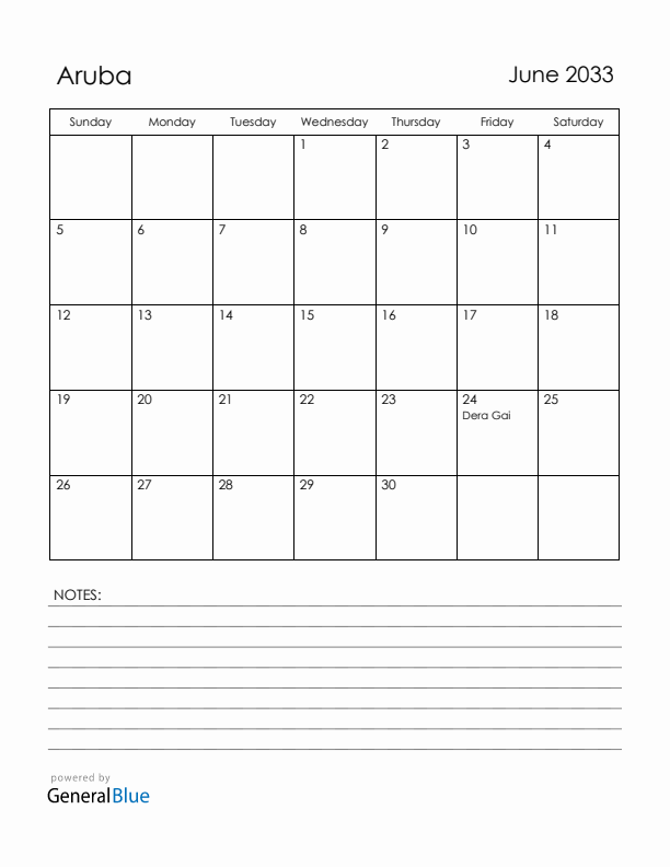 June 2033 Aruba Calendar with Holidays (Sunday Start)