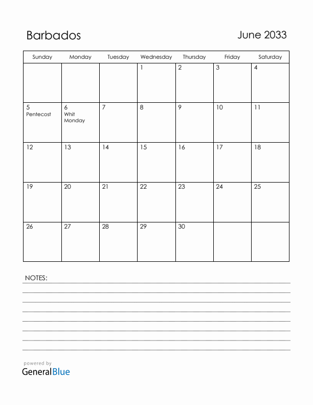 June 2033 Barbados Calendar with Holidays (Sunday Start)