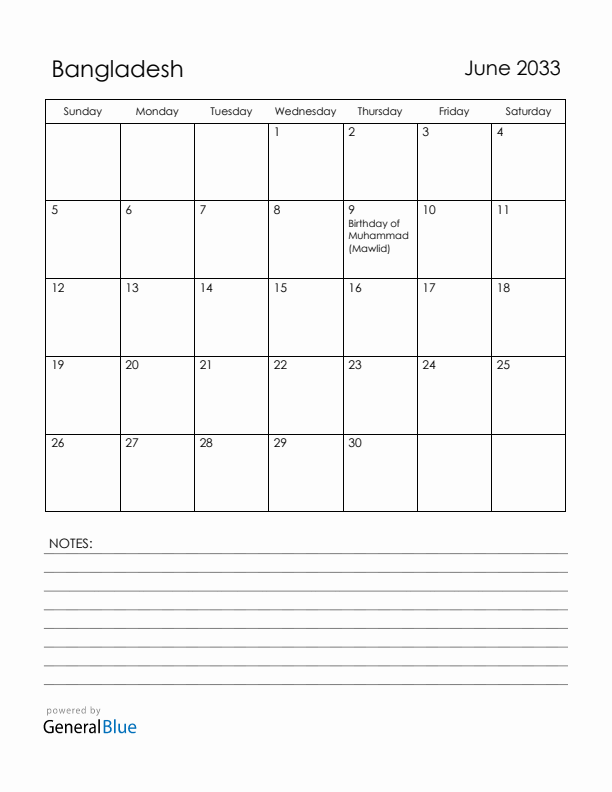 June 2033 Bangladesh Calendar with Holidays (Sunday Start)