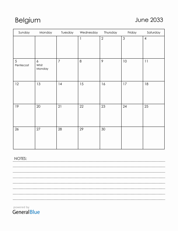 June 2033 Belgium Calendar with Holidays (Sunday Start)