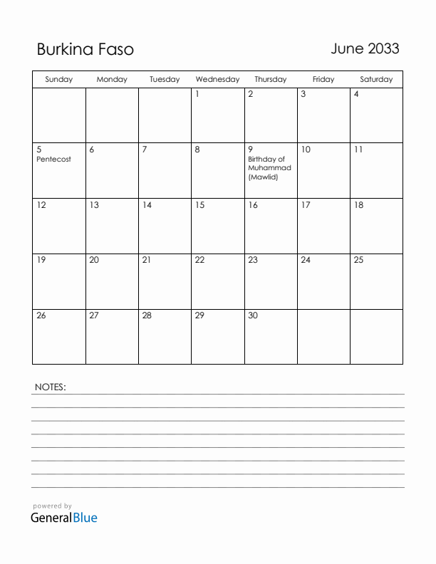 June 2033 Burkina Faso Calendar with Holidays (Sunday Start)