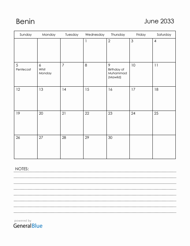 June 2033 Benin Calendar with Holidays (Sunday Start)