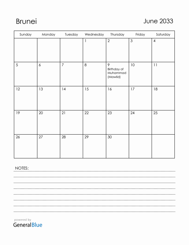 June 2033 Brunei Calendar with Holidays (Sunday Start)
