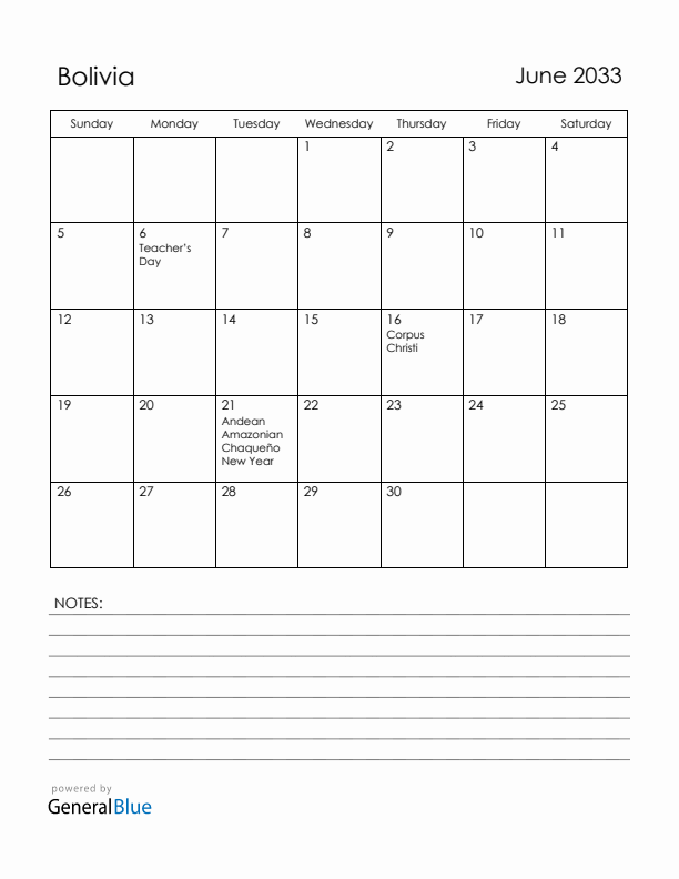 June 2033 Bolivia Calendar with Holidays (Sunday Start)