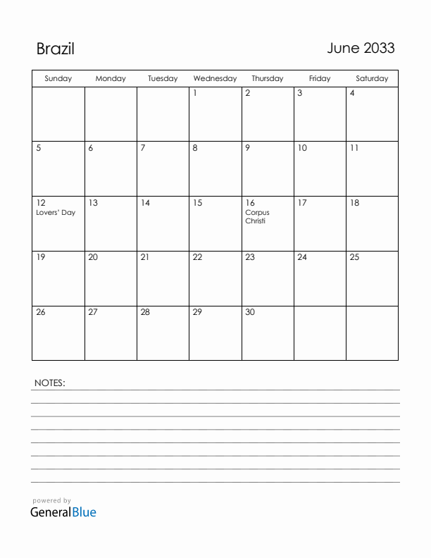 June 2033 Brazil Calendar with Holidays (Sunday Start)