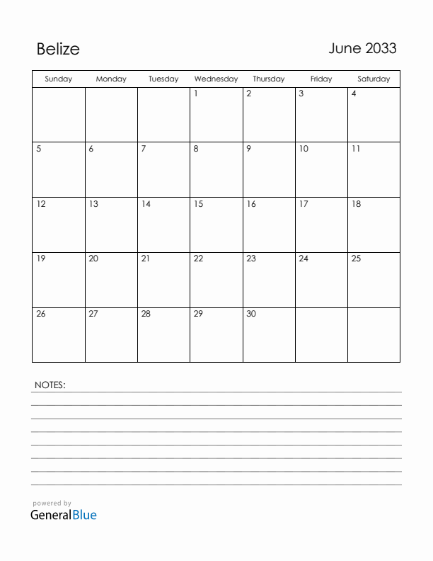 June 2033 Belize Calendar with Holidays (Sunday Start)