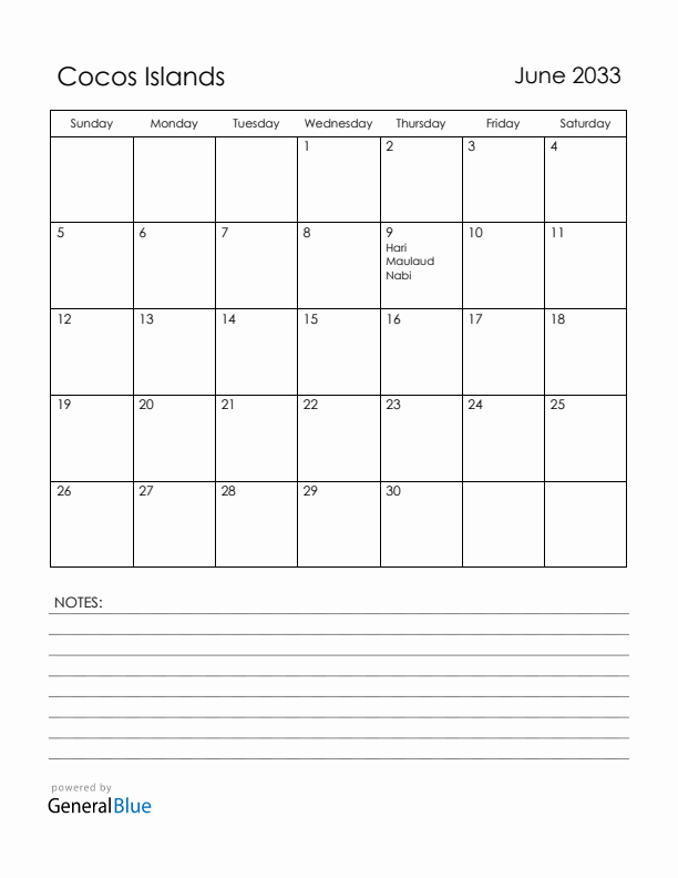 June 2033 Cocos Islands Calendar with Holidays (Sunday Start)