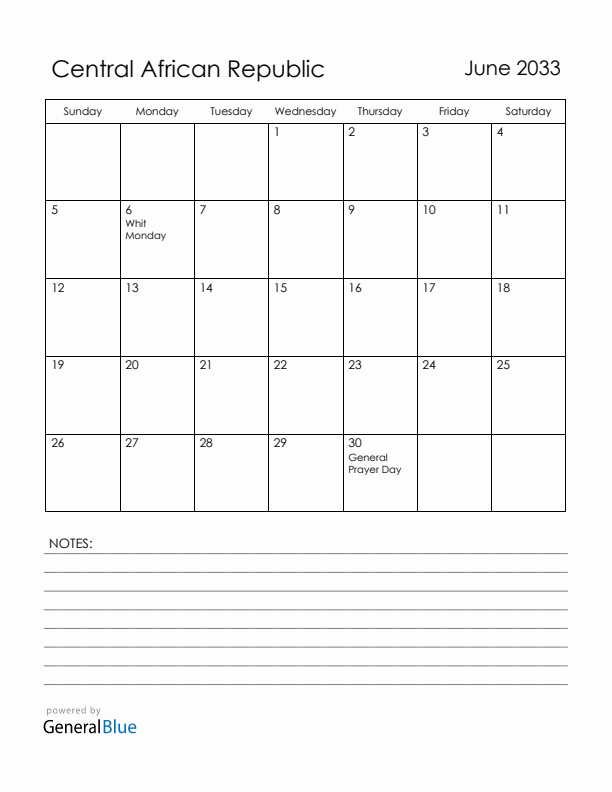 June 2033 Central African Republic Calendar with Holidays (Sunday Start)