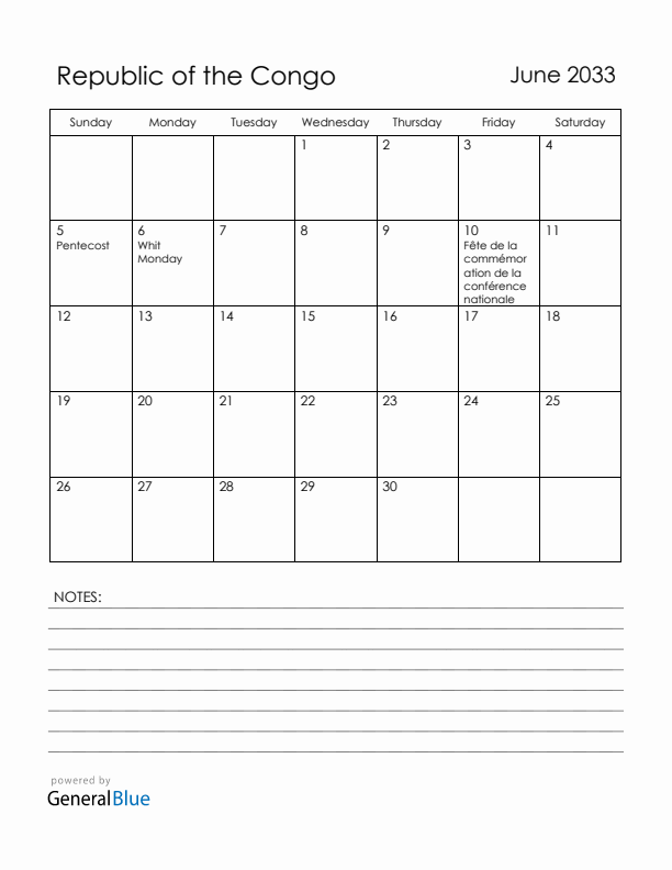 June 2033 Republic of the Congo Calendar with Holidays (Sunday Start)