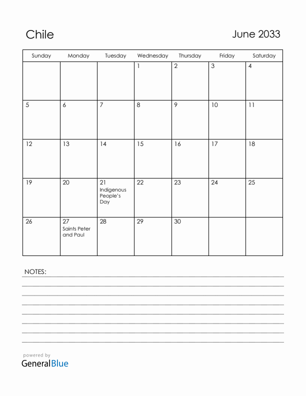 June 2033 Chile Calendar with Holidays (Sunday Start)
