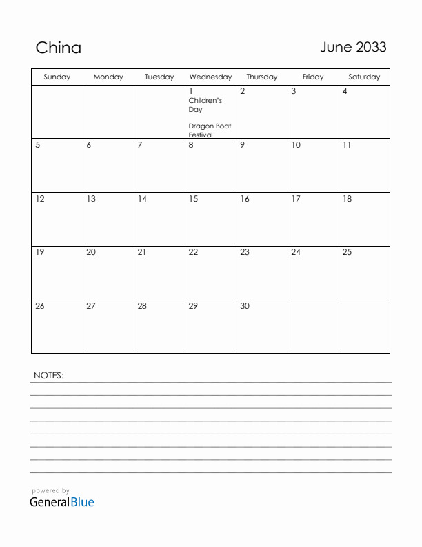 June 2033 China Calendar with Holidays (Sunday Start)