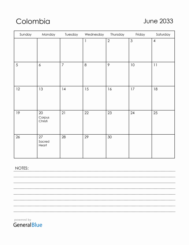 June 2033 Colombia Calendar with Holidays (Sunday Start)
