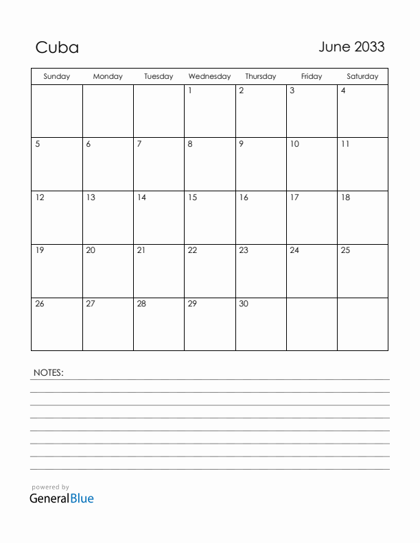 June 2033 Cuba Calendar with Holidays (Sunday Start)