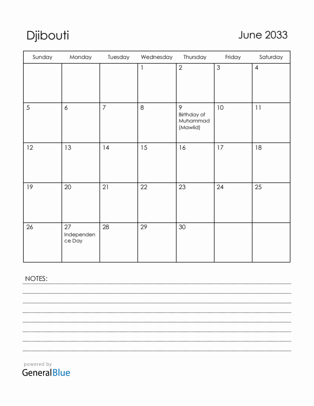 June 2033 Djibouti Calendar with Holidays (Sunday Start)