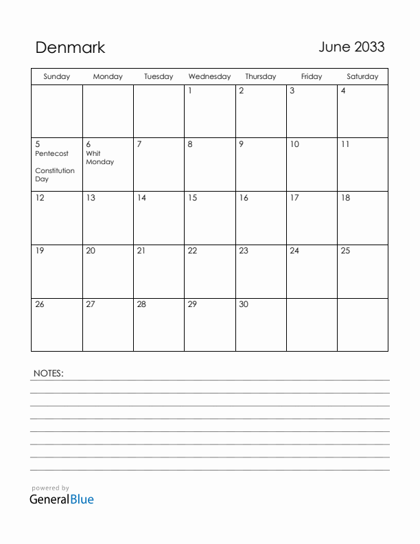 June 2033 Denmark Calendar with Holidays (Sunday Start)