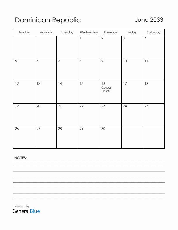 June 2033 Dominican Republic Calendar with Holidays (Sunday Start)