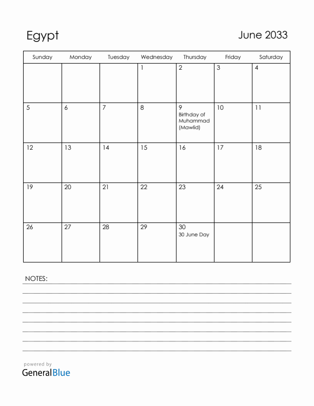 June 2033 Egypt Calendar with Holidays (Sunday Start)