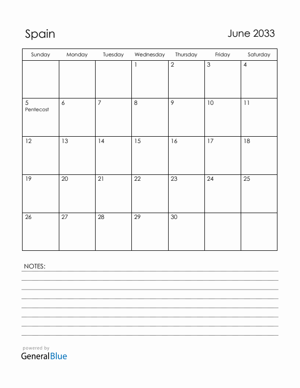 June 2033 Spain Calendar with Holidays (Sunday Start)
