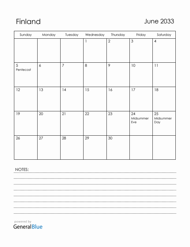 June 2033 Finland Calendar with Holidays (Sunday Start)