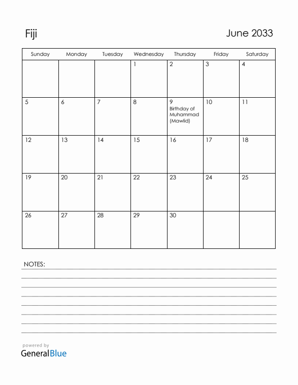 June 2033 Fiji Calendar with Holidays (Sunday Start)