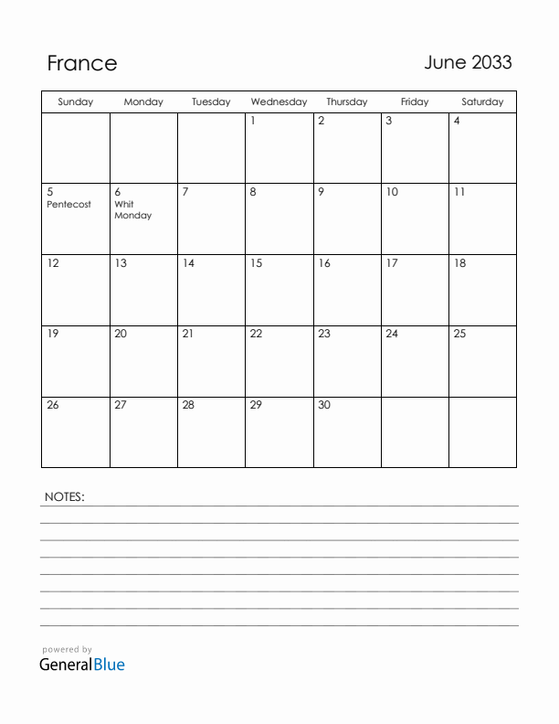 June 2033 France Calendar with Holidays (Sunday Start)