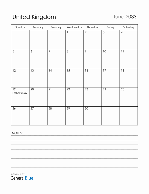 June 2033 United Kingdom Calendar with Holidays (Sunday Start)
