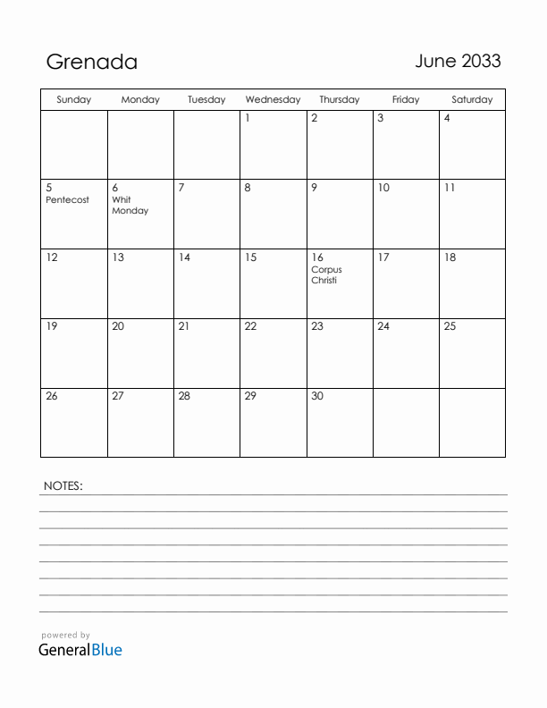 June 2033 Grenada Calendar with Holidays (Sunday Start)