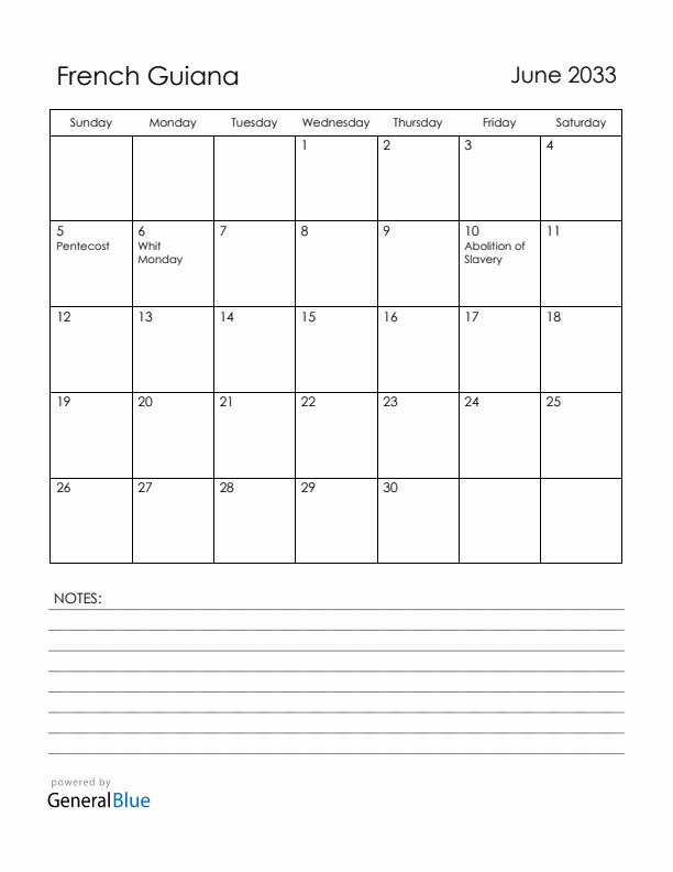 June 2033 French Guiana Calendar with Holidays (Sunday Start)