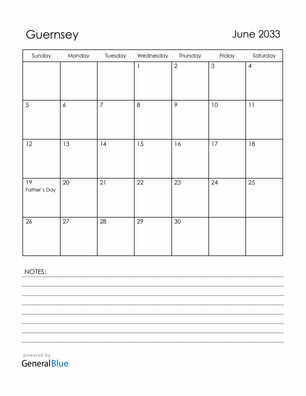 June 2033 Guernsey Calendar with Holidays (Sunday Start)