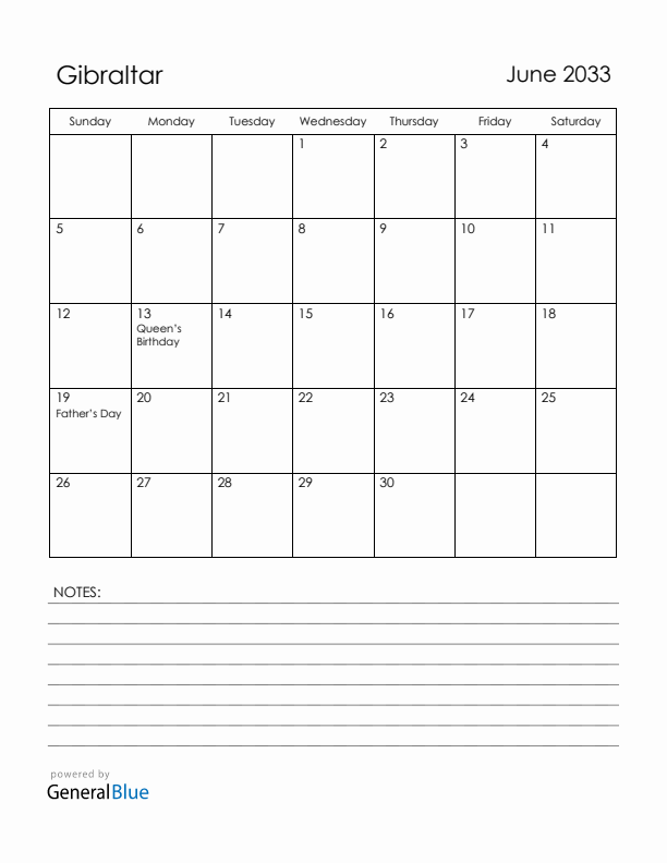 June 2033 Gibraltar Calendar with Holidays (Sunday Start)