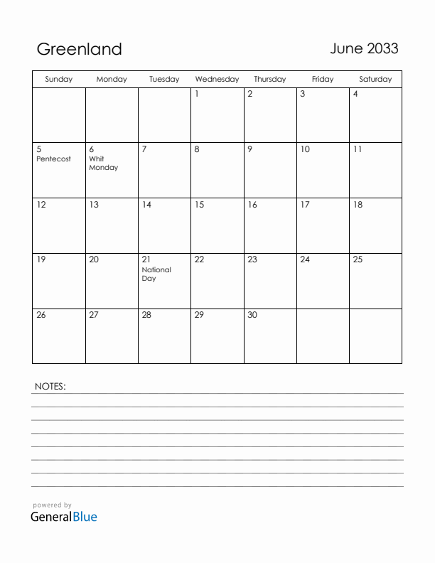 June 2033 Greenland Calendar with Holidays (Sunday Start)