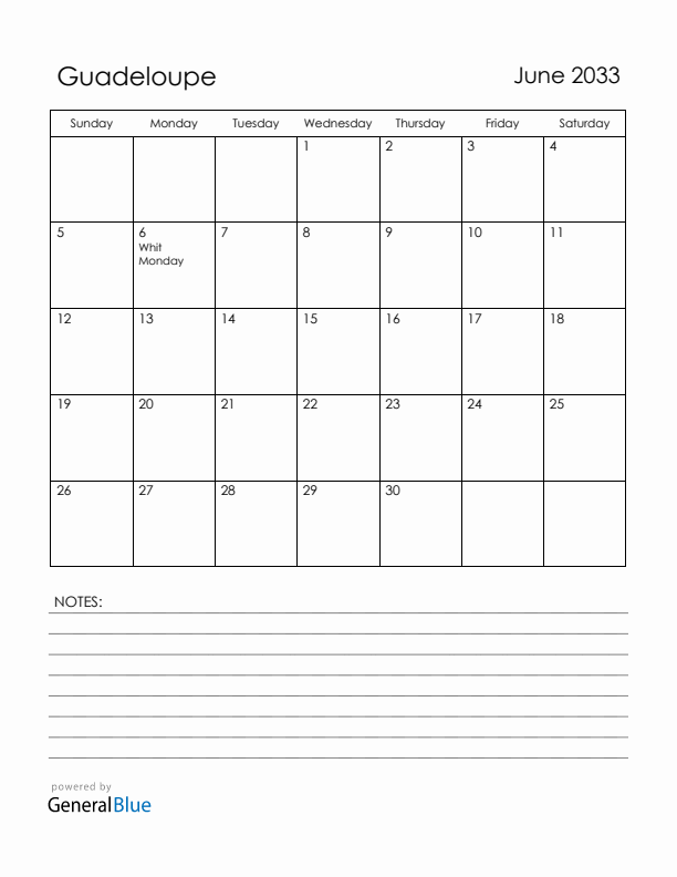 June 2033 Guadeloupe Calendar with Holidays (Sunday Start)