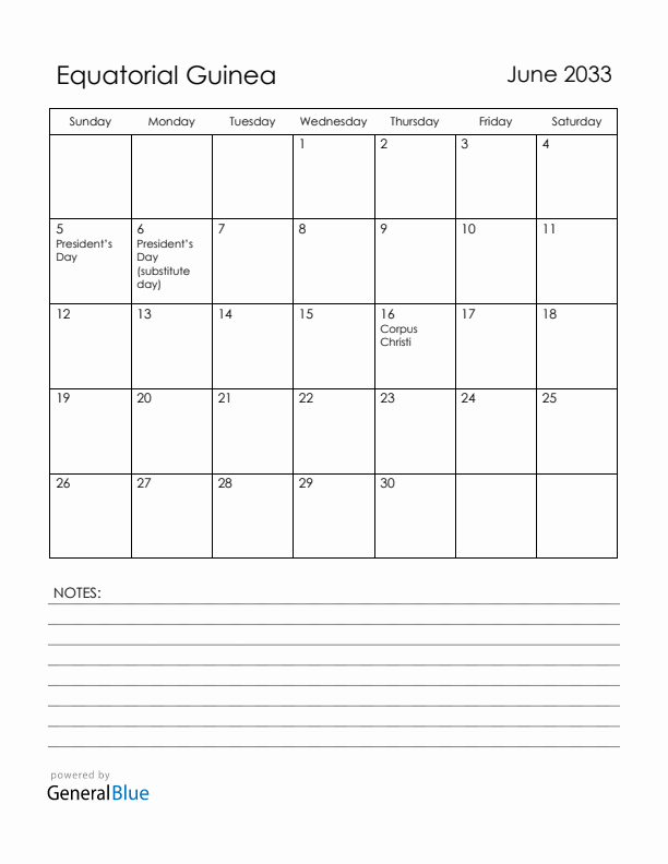 June 2033 Equatorial Guinea Calendar with Holidays (Sunday Start)