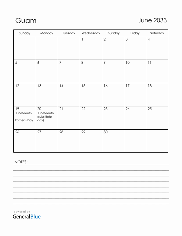 June 2033 Guam Calendar with Holidays (Sunday Start)