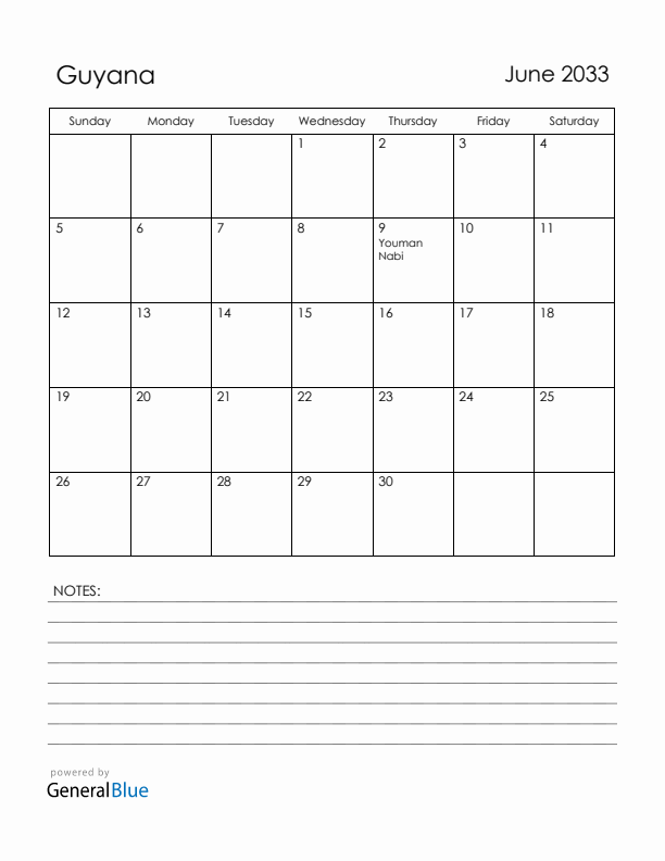 June 2033 Guyana Calendar with Holidays (Sunday Start)