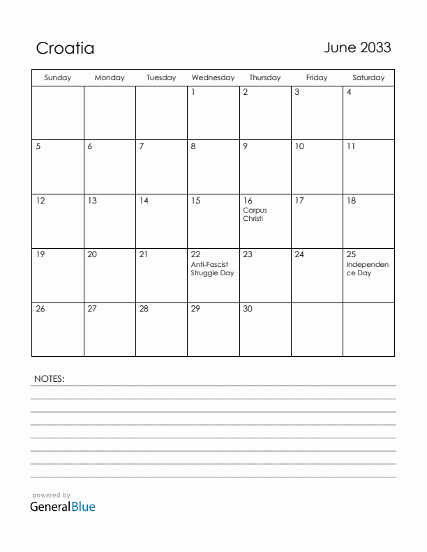June 2033 Croatia Calendar with Holidays (Sunday Start)