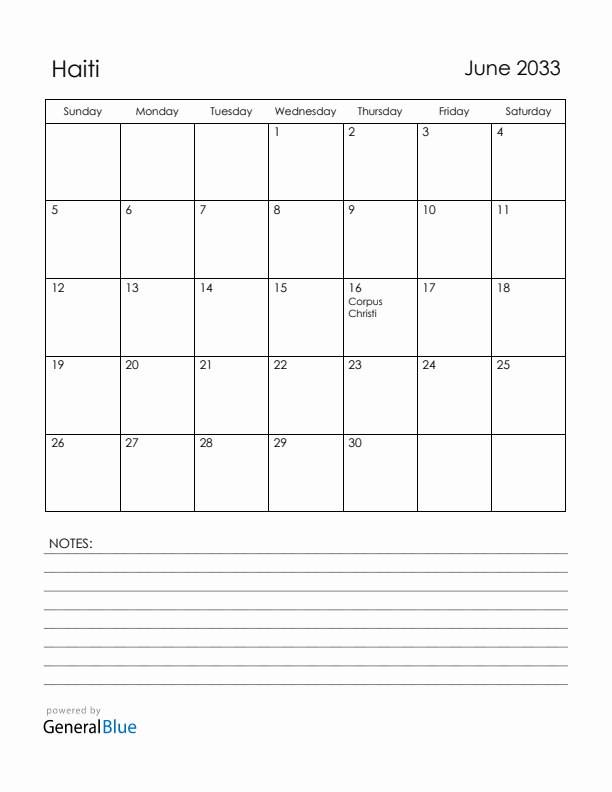 June 2033 Haiti Calendar with Holidays (Sunday Start)