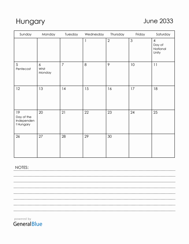 June 2033 Hungary Calendar with Holidays (Sunday Start)