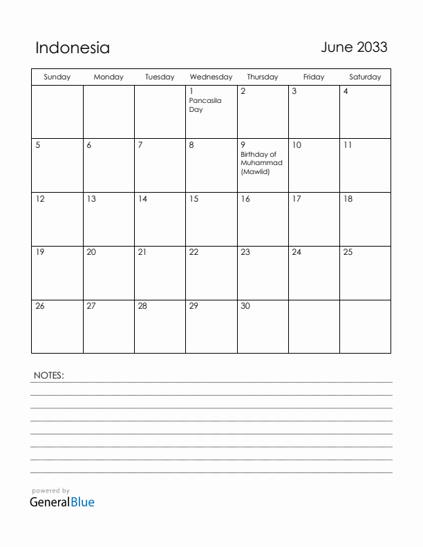 June 2033 Indonesia Calendar with Holidays (Sunday Start)