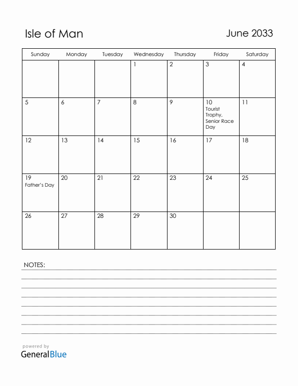 June 2033 Isle of Man Calendar with Holidays (Sunday Start)