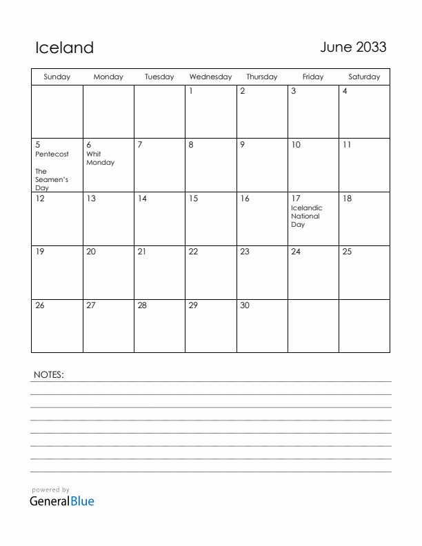 June 2033 Iceland Calendar with Holidays (Sunday Start)