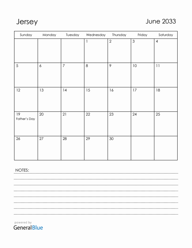 June 2033 Jersey Calendar with Holidays (Sunday Start)